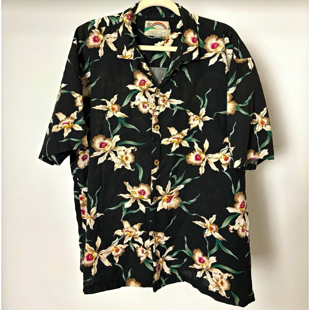 Paradise Found Mens Black Tropical Floral Orchid Button Up SS Shirt XL 26 Chest